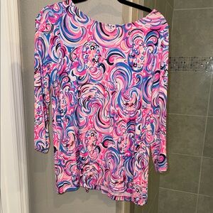 Lilly Pulitzer Ophelia 3/4 Sleeve Top Raz Berry Blue & Pink Flamingoals Size XL